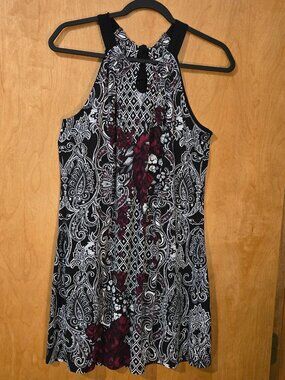 WHBM black white burgundy  halter mini shift dress size medium L Whimsigoth